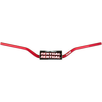 The Fatbar™ Handlebar 609 RC High Red by Renthal is a braceless handlebar made from strong 7010-T6 aluminum, with a black and white Renthal pad, slight rise, and fits 1-1/8" mounts for motorcycles or bicycles.