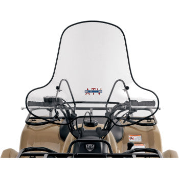 The tan ATV showcases the Slipstreamer ATV Windshield Low Headlight, a large break-resistant Lexan shield attached to the handlebars for protection and visibility, seen from the front against a white background.