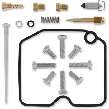 The Arctic Cat Carburetor Repair Kit by Moose Offroad includes assorted screws, springs, needles, brass fittings, O-rings, and a black NBR rubber gasket, all organized on a white background.