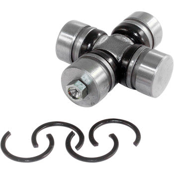 The Kawasaki Universal Joint by Epi features four metal bearing caps and a cross-shaped center, shown with three black circular retaining clips below it on a white background—ideal for OEM replacements.