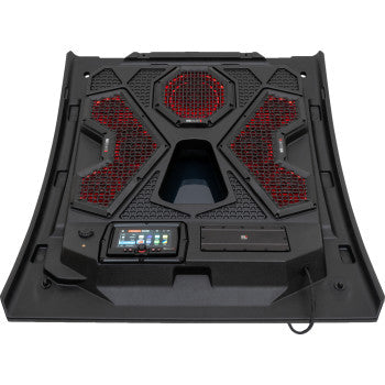 A black laptop cooling pad inspired by the Polaris RZR Trail Audio Roof—500W, 6 speakers, 1 subwoofer by MB Quart—with red-lit fans, a digital control panel and buttons on the left, angular design, and USB cable on the right.