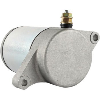 A close-up of the Kymco Starter AC by Parts Unlimited, featuring mounting holes and a threaded top terminal, set against a white background—an affordable alternative to OEM replacement parts.