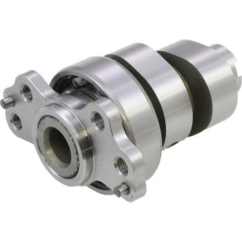 A close-up of the Yamaha Camshaft Single Cam Stage 2 by Hot Cams, featuring precision-machined billet steel, visible bearings and flanges, designed as a drop-in cam for boosting power in internal combustion engines.