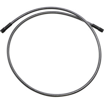 The KARBONFIBR Brake Line 44 by Magnum Shielding is a coiled, flexible braided metal hose with black connectors and a carbon fiber braid, shown in a circular shape on a plain white background.