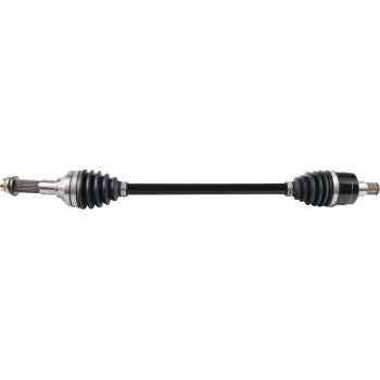 Heavy-duty black CV axle shaft with metal joints and rubber boots on both ends for Kawasaki Mule.