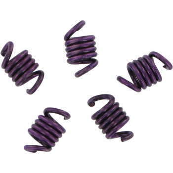 Five small, tightly coiled purple springs from the Honda TRX Economy Clutch Kit by Epi are arranged on a white background—each oriented differently and perfect for improving belt grip during tough trail rides.