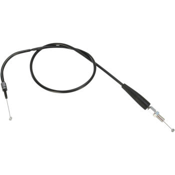 The Suzuki Black Vinyl Throttle Cable 33 1/2" by Moose Offroad is shown coiled loosely on a white background, featuring metal ends, a cylindrical adjuster on one side, looped wire connections at both ends, and a pre-lubricated nylon inner sleeve.