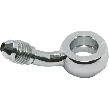 Close-up of the Banjo Fitting 7/16 AN3 35° Chrome by Magnum Shielding, featuring a threaded end and circular opening, ideal for hydraulic or automotive fuel systems and integration with brake switch blocks or AN-3 fittings.
