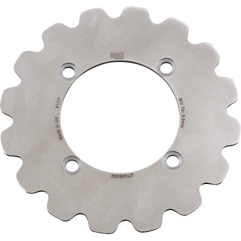 The Yamaha UTV Rotor by Ebc is a heat-treated stainless steel, circular rotor with wavy edges, four evenly spaced center holes, and engraved text and numbers on the surface.