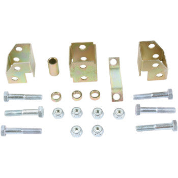 The Lift Kit Front Back 2.00 by High Lifter includes brackets, bolts, washers, nuts, and a spacer—perfect for ATV/UTV big wheel kits needing extra clearance—displayed neatly on a white background.