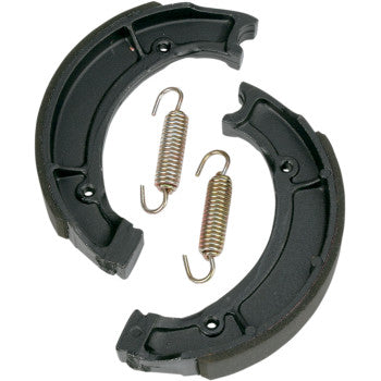 Two black Yamaha Brake Shoes by Sbs with asbestos-free lining and two metal springs are displayed on a white background, illustrating high-quality components for drum brake systems.