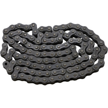 The 420 Standard Non Sealed Chain by Ek, featuring 110 interlocking links and robust rivets, rests coiled on a white background with its master link visible.