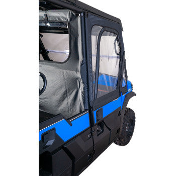 Side view of a utility vehicle with Seizmiks Kawasaki Mule Upper Door Kit Pro, featuring a blue body, black trim, and UV-protected nylon canvas doors with zippers and fasteners, resembling factory half doors.