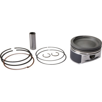 The Polaris RZR 4/RZR S Piston Kit 79.96 mm by Prox includes a CNC machined silver piston, piston rings, wrist pin, and two circlips, all displayed on a white background.