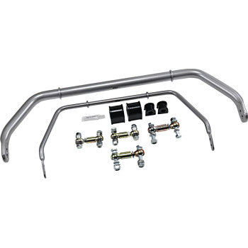 A set of Eibach Anti Sway Bar End Links (front & rear), with bushings, brackets, and hardware components arranged on a white background for a vehicle suspension system.