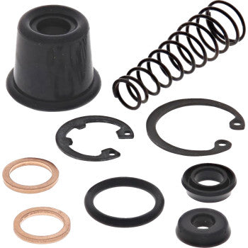 The Master Cylinder Rebuild Kit Rear by All Balls includes small mechanical parts like a black rubber cap, metal spring, washers, rings, seals, and gaskets, all neatly arranged on a white background.
