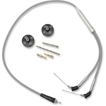 Yamaha Carburetor Cap Kit Black by Moose Offroad shown on a white background, featuring a stainless steel braided cable, two black end caps, two cable ends, and two small drill bits.