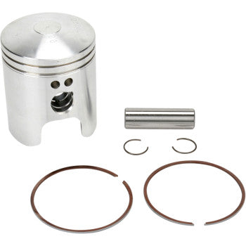Silver cylindrical metal piston with two brown piston rings, a small pin, and two circlips arranged on a white background.