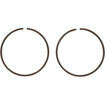 Two identical, thin circular metal rings with small gaps at the top—part of the Ring Set by Wiseco—are shown side by side on a white background.