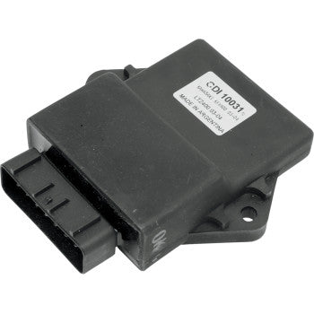 Black rectangular CDI box with mounting holes and a multi-pin connector on one side, labeled with a white product sticker.