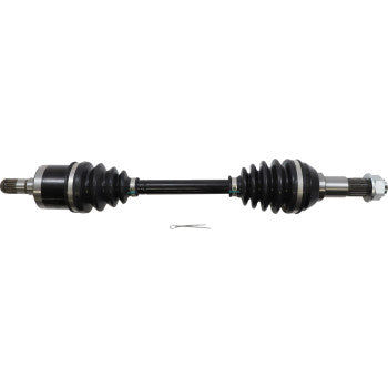 Black metal axle shaft with rubber accordion-style boots on each end and a small metal pin below it.