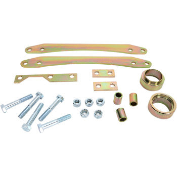 The Lift Kit Front Back 1.50 by High Lifter includes metal bolts, nuts, bushings, plates, and brackets—ideal for big wheel or ATV lift kits to increase clearance. All components shown on a white background.