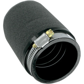 The Pod Air Filter Black Centered by Uni Filter is a cylindrical black foam air filter with a seamless design, metal clamp, and urethane mounting base for secure fitment, delivering maximum airflow for automotive or motorcycle engines.