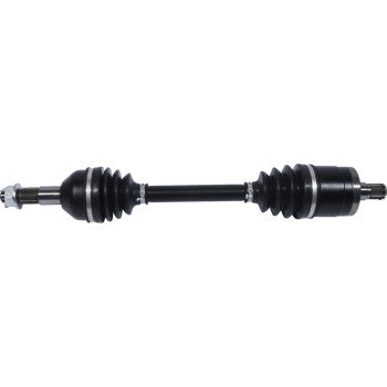 Black metal axle shaft with rubber protective boots on both ends and threaded connectors for offroad vehicle use.
