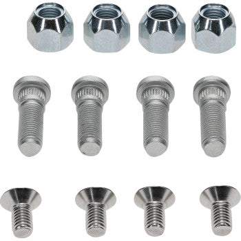 The Can Am Wheel Stud Nut Kit Front & Rear by Moose Offroad includes twelve metal fasteners: four wheel nuts, four ridged-wheel studs, and four flat-head screws—ideal for your Commander or Outlander rebuild kit.