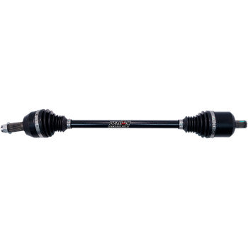 The Polaris RZR / General Axle Complete Heavy Duty Rear Left & Right by Demon features durable chromoly steel axles with metal joints and rubber boots at both ends, shown horizontally on a white background.