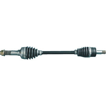 Black metal front left CV axle with ribbed rubber boots on both ends and metal joints for Yamaha Rhino vehicles.