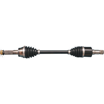 Heavy-duty black metal Polaris Ranger CV axle kit with rubber boots on each end and steel joints for offroad use.