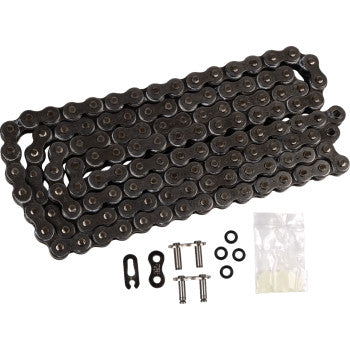 The 520 X1R Heavy Duty Drive Chain 124 Links by JT Chains is displayed coiled with a quick link, two extra pins, two O-rings, and a small packet on a white background, showcasing its premium power transfer quality.
