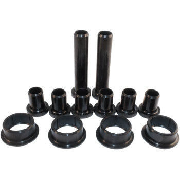The Rear Swingarm Bushing Kit by Epi features black cylindrical bushings and sleeves in various sizes, arranged in two rows on a white background, ensuring OEM quality for precise, reliable performance.
