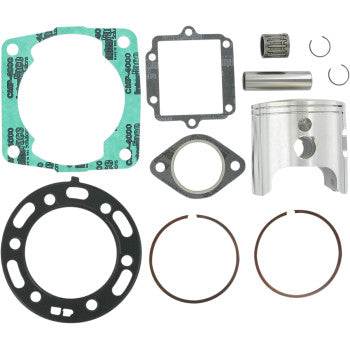 The Polaris Sportsman Piston Kit with Gaskets 83.50 mm 4x4 by Wiseco includes piston rings, needle bearing, circlips, a metal pin, and gaskets, all arranged on a white background.