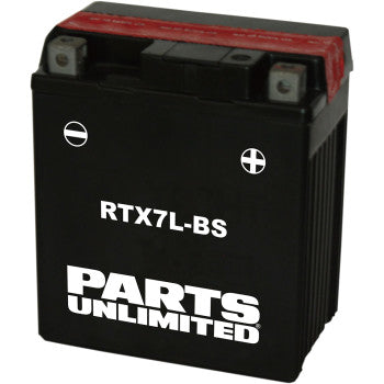 A black AGM Battery RTX7L BS .33 L by Parts Unlimited features visible positive and negative terminal symbols, plus a red protective cover on top.