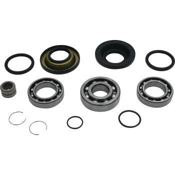 The Honda Pioneer Differential Bearing Seal Kit Rear by Moose Offroad includes quality bearings, rubber seals, washers, and retaining rings arranged neatly on a white background.