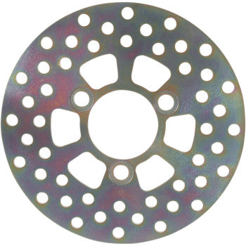 The Kawasaki - Suzuki - Arctic Cat - ATV Brake Rotor by Ebc is a round steel disc with a central hole, three mounting holes, and multiple small holes in circular patterns for improved rotor life.