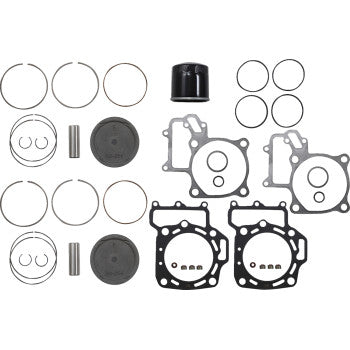 The Kawasaki Top End Kit 85.50 mm by WSM for 4-stroke motorcycles includes two pistons, piston rings, pins, multiple gaskets, and an oil filter, all displayed neatly on a white background.