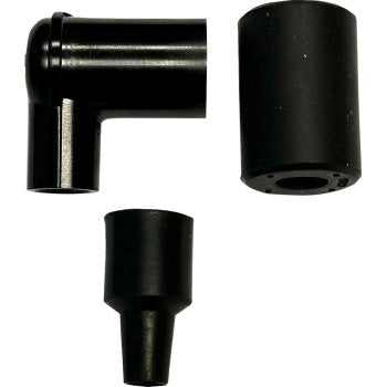 The image displays three black plastic Spark Plug Resistor Covers by Moose Offroad—an L-shaped, a wide cylindrical, and a narrow tapered cover—set against a white background and resembling waterproof caps.