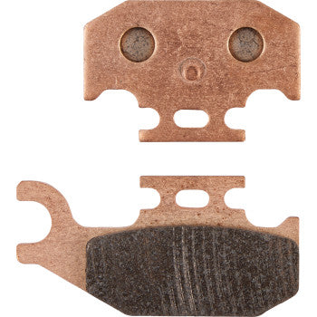 Sintered Brake Pads by All Balls—two bicycle pads, one with dark friction material and one without—are shown against a white background. They feature cutouts and curved edges for caliper fitment, providing excellent braking power and long-lasting durability.