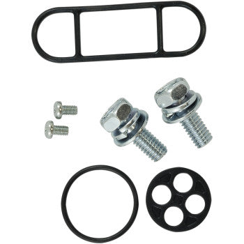 The Kawasaki Fuel Petcock Rebuild Kit by K&L Supply includes two large bolts with washers, two small screws, a thin oval gasket, a round O-ring, and a round black 4-hole piece—all Made in Japan—displayed on a white background.