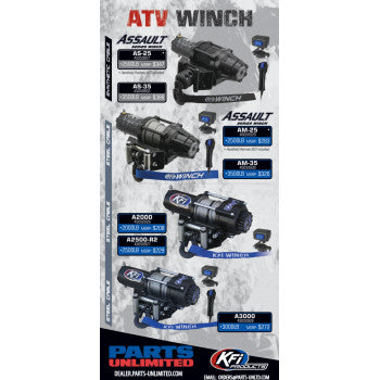 Infographic displays Kfi Products’ AM-35 Assault Winch 3500lb Steel Cable, with heavy duty electric contactor specs, alongside other Parts Unlimited and KFI Winch models.