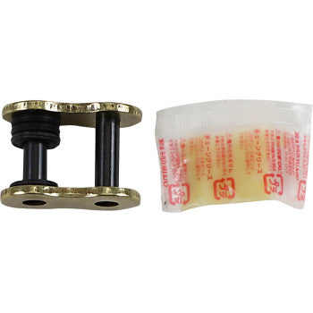 The 520 Max Z Connecting Link Rivet Gold by RK, featuring O-rings on the left and a small lubricant packet on the right, is shown against a white background.