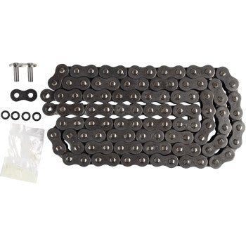 The 520 Z3 Heavy Duty Drive Chain 102 Links by JT Chains, complete with connecting links, rubber O-rings, and extra parts in a small plastic bag, is arranged coiled on a white background.
