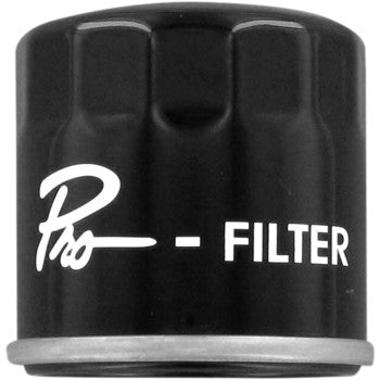 Black cylindrical oil filter with white "Pro-Filter" text and a silver metal base ring.