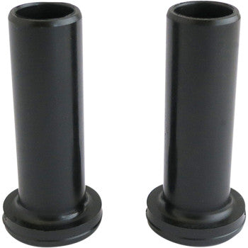 Pair of black cylindrical metal bushings with flanged bases for off-road vehicle A-arm repair.
