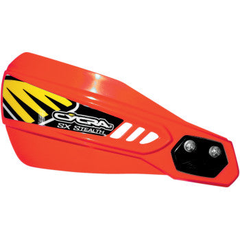 Red Cycra Stealth Alloy Racer handguard with yellow and black accents and black mounting bolts.