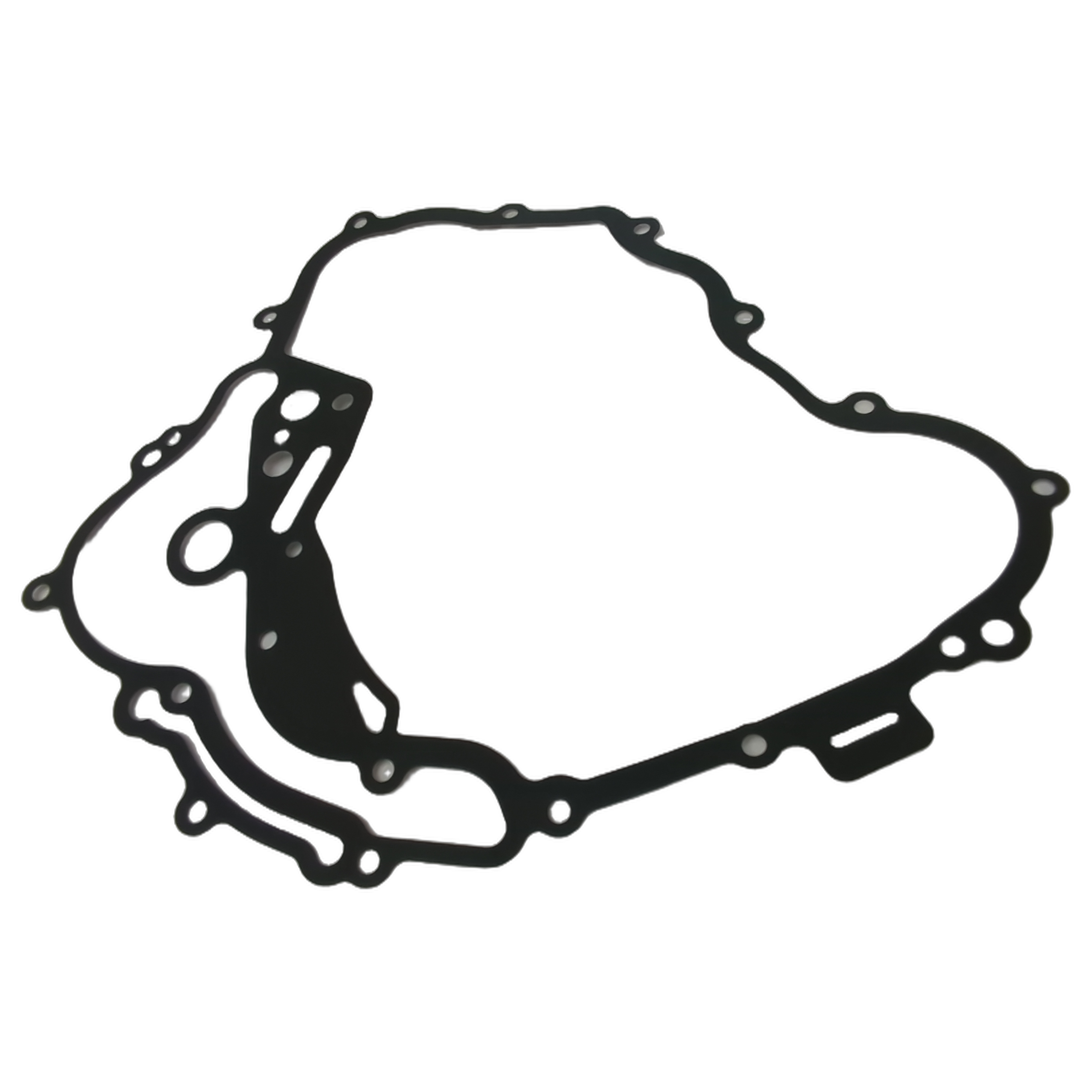 Black steel crankcase cover gasket with multiple bolt holes and a contoured shape for left side fitment.