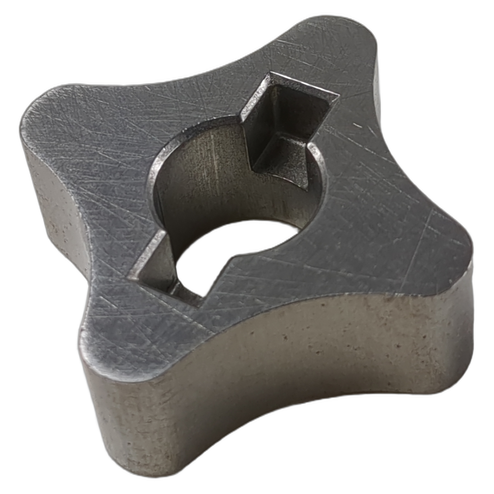 Metallic four-lobed oil pump inner rotor with central square hole and textured surface.